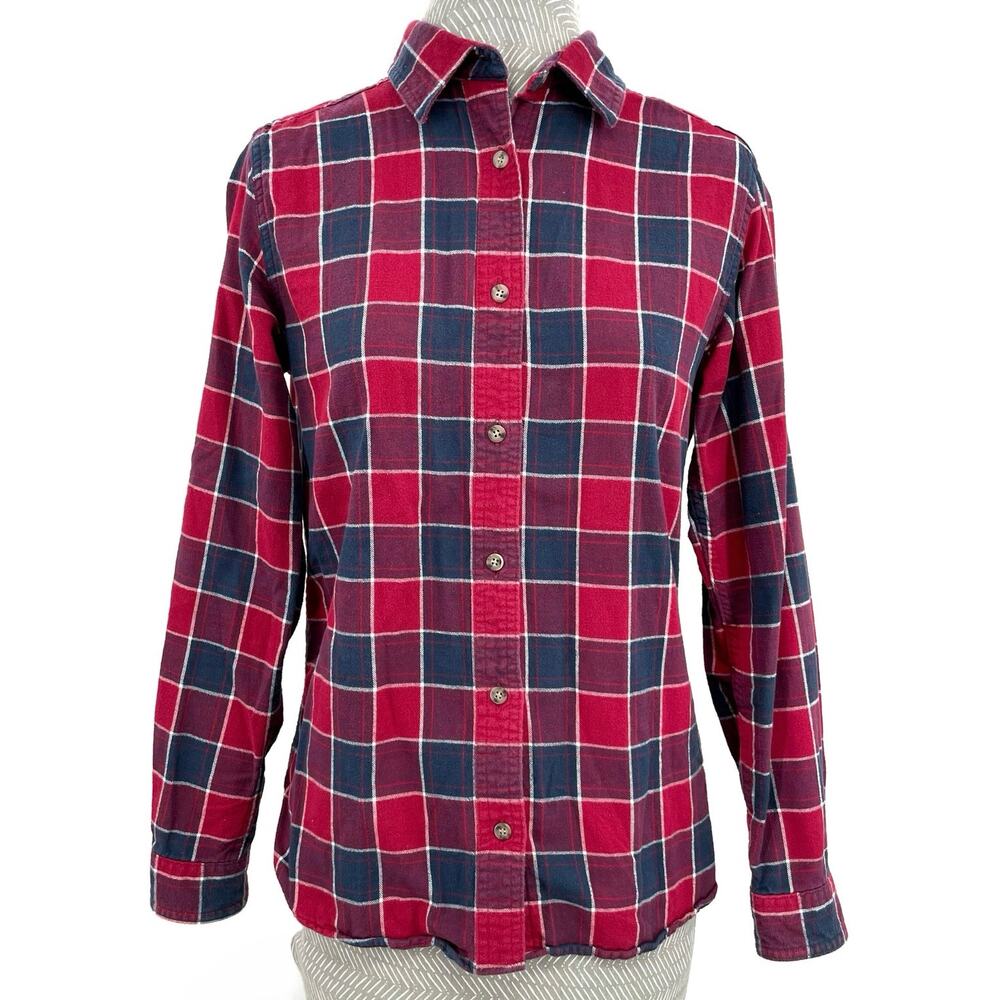 Cabelas Flannel Button Down Plaid Fall Winter Holiday Red Navy Blue Shirt Size M